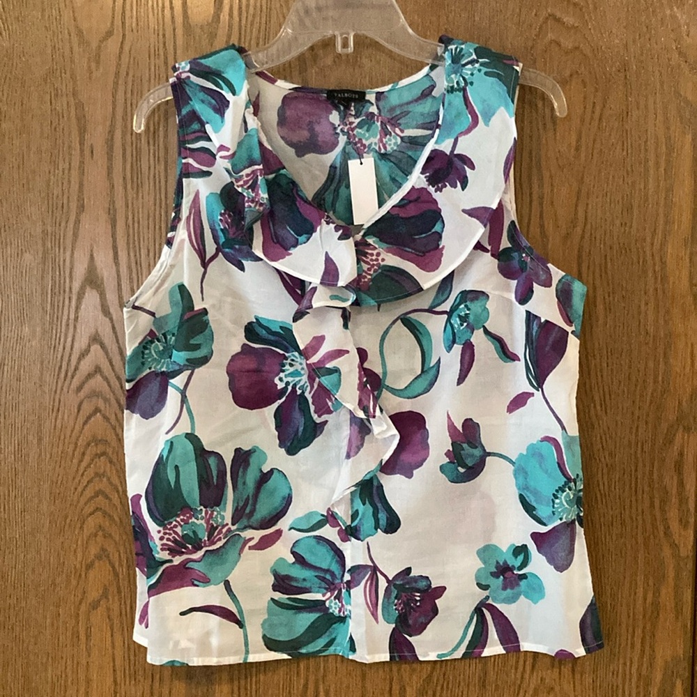 Feminine, sleeveless, lightweight blouse w gorgeous colors:aqua, purple, white